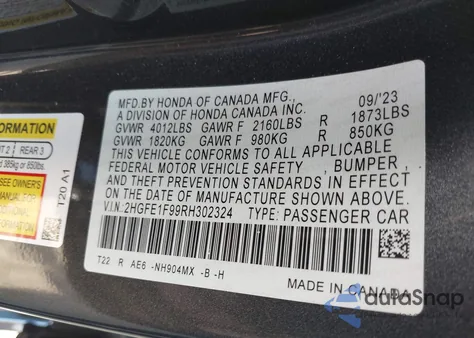 2024 Honda Civic Touring z USA, uszkodzony, nr VIN 2HGFE1F99RH302324